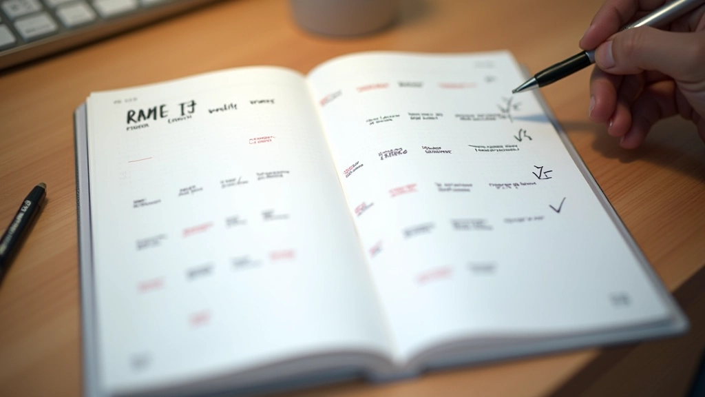 Monthly review calendar with progress notes and goal adjustments marked