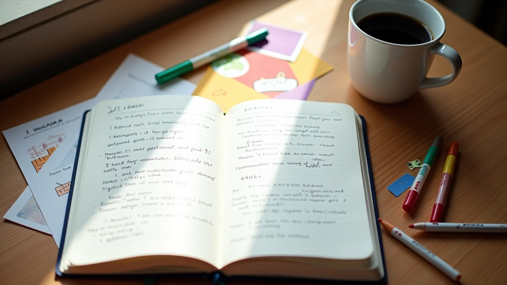Open notebook with written goals and vision board elements on wooden desk with morning sunlight