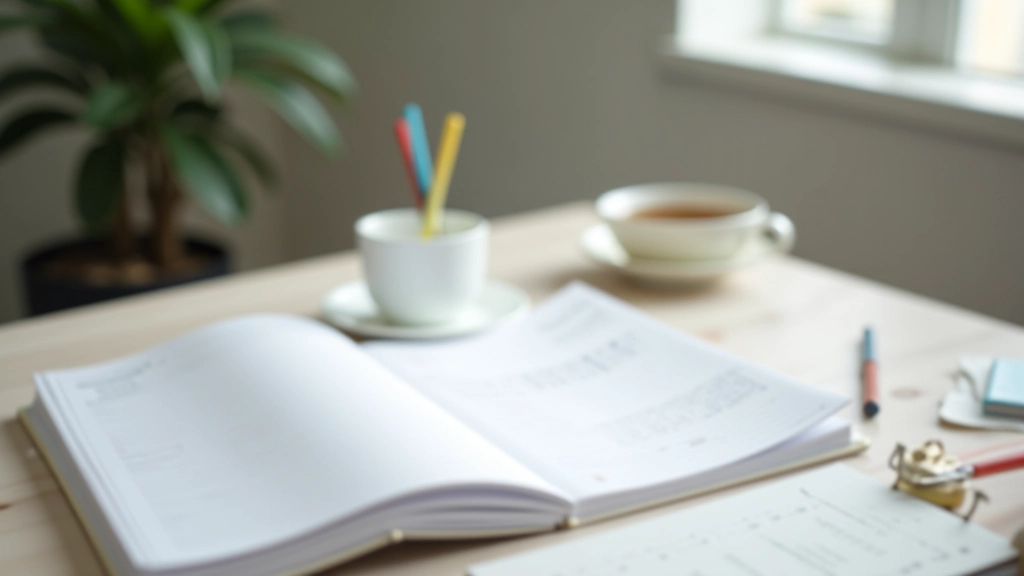 Organized workspace with goal-tracking notebook, colored pens, and coffee cup