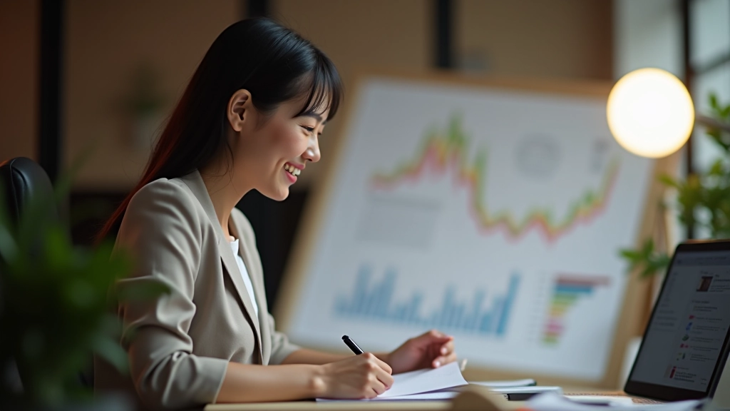 Person celebrating progress with arms up, seated at desk with achievement chart visible