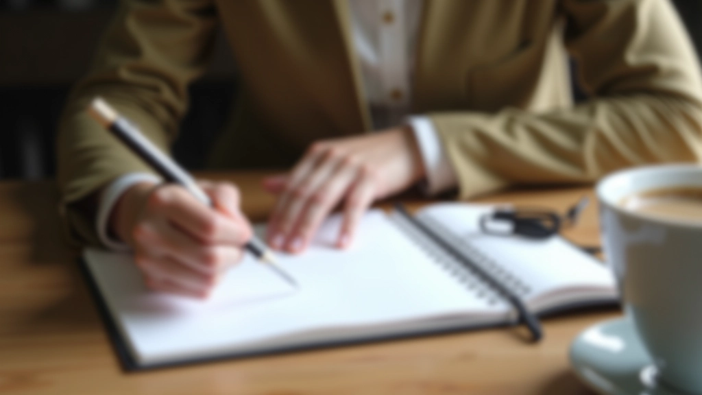 Person writing detailed goals in planner notebook with coffee cup on side table, natural morning light