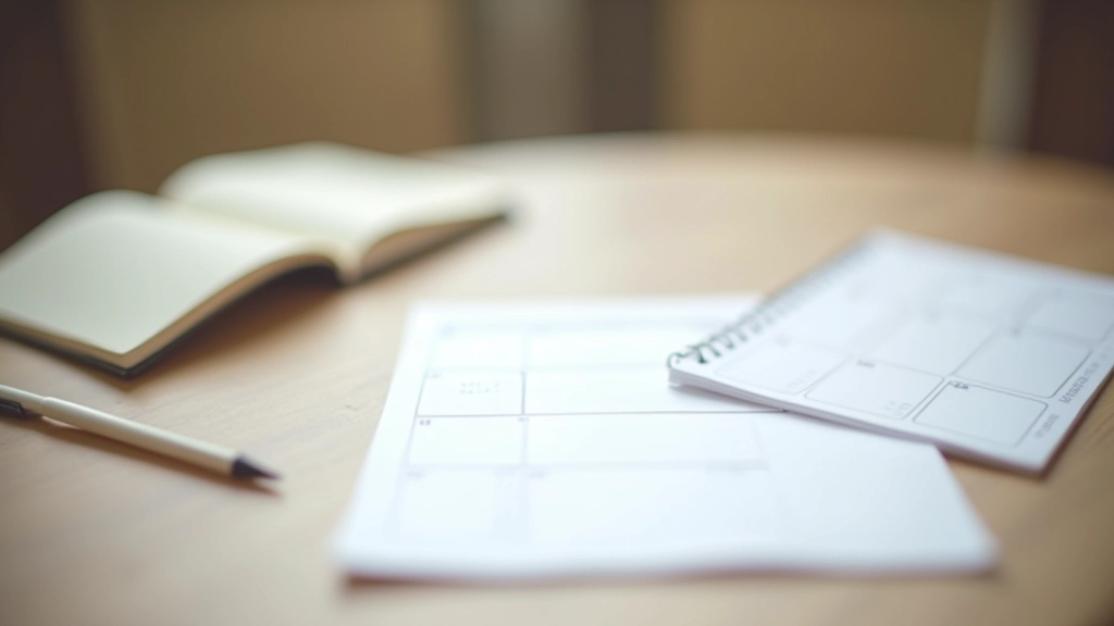 Quarterly review checklist with calendar and planning notebook on wooden desk