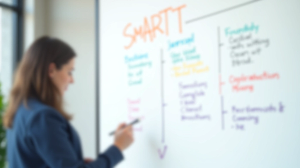 SMART criteria framework written on whiteboard with colored markers and team notes