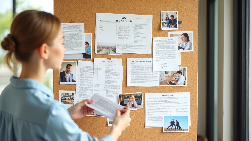 Vision board with images, quotes, and written declarations pinned on cork board