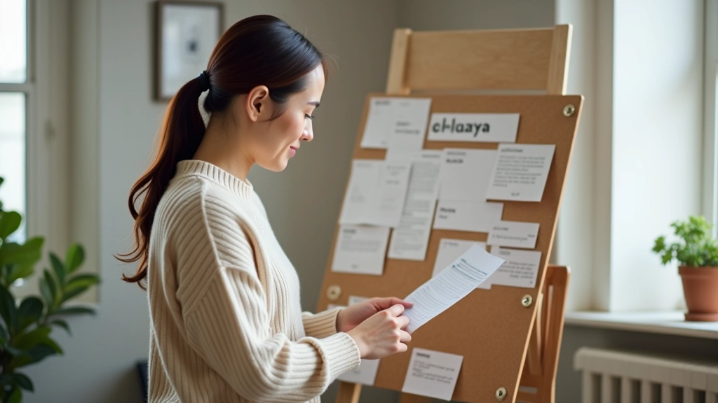 Person arranging images and quotes on cork board while planning goals