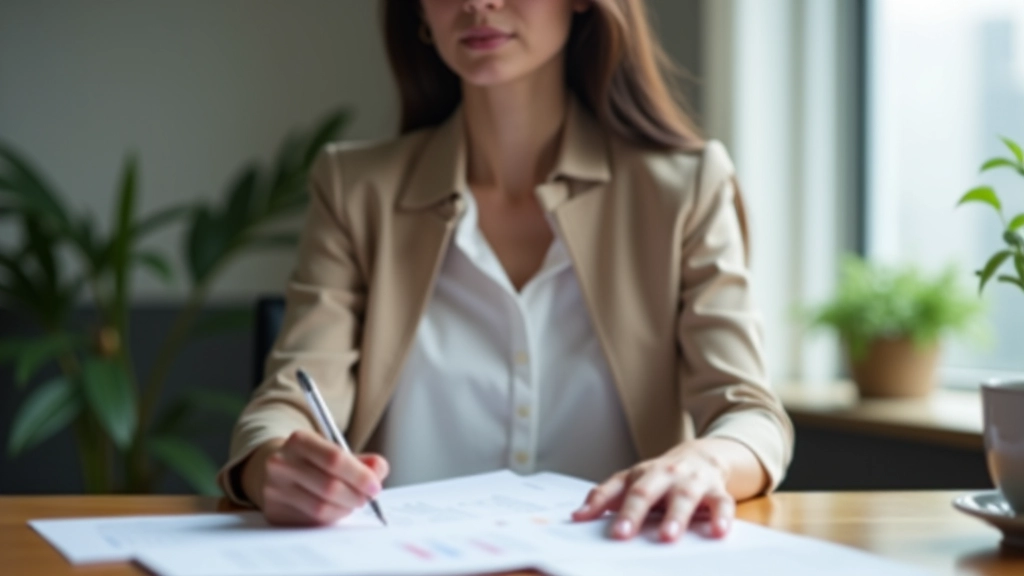 Woman at desk reviewing goal planning document with quarterly milestone breakdown and achievement checkmarks