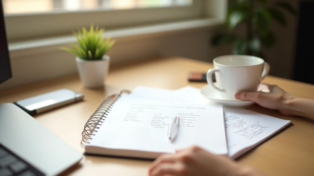 Professional workspace with vision board, goals notebook, and planning calendar on desk with morning natural lighting