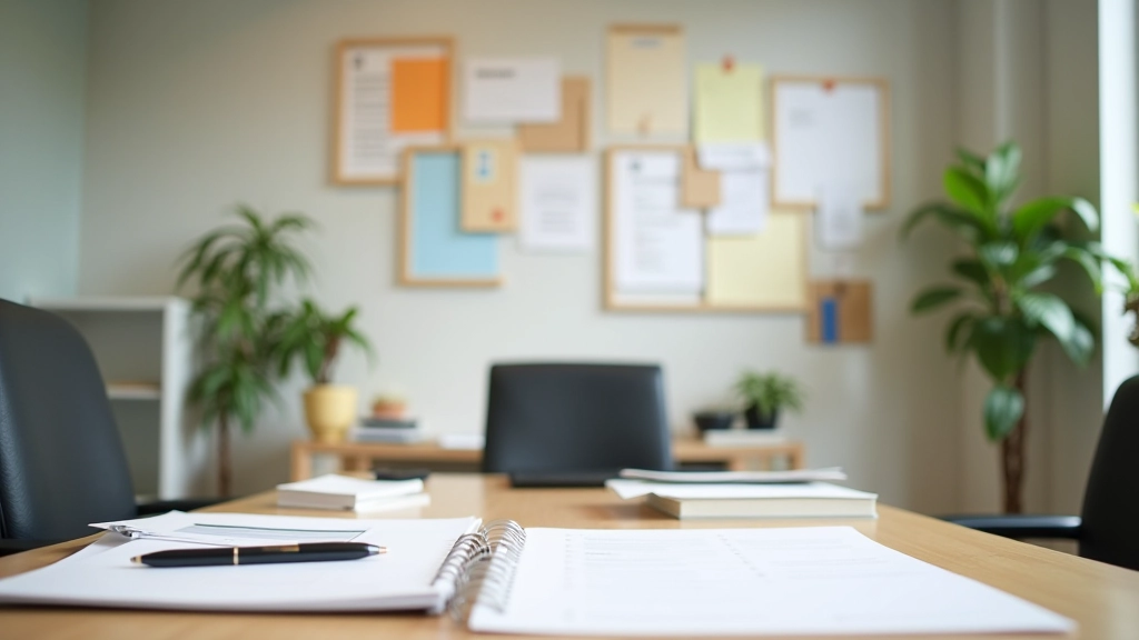 Modern workspace with planning materials, vision boards, and goal-setting documents on desk, professional setting